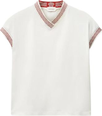 Versace White Greca Pattern V Neck T-Shirt