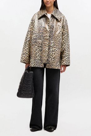 Ganni Brown Leopard Laminated Cotton Jacket