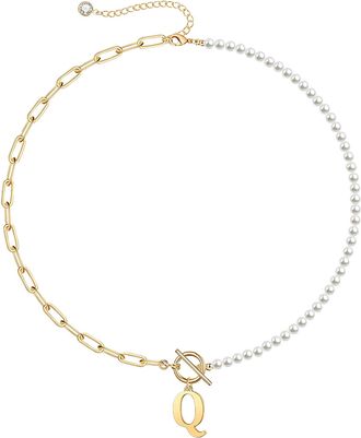 Rachel Glauber Rg 14K Gold Plated Initial Pearl Link Chain Necklace