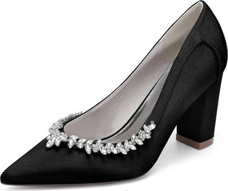 Generic Womens Chunky Heels Pumps Bridal Rhinestones Pointed Toe High Heels Wedding Party Dress Slip on Pumps Shoes 8.5Cm,Black,10 UK