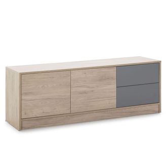 HOMN Mueble tv 2 cajones 2 puertas, color madera/gris, 136 x 40 x 51 cm