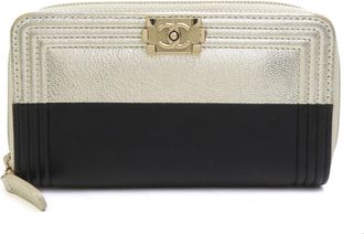 Chanel Gold Black Leather Long Wallet (Bi-Fold) (Pre-Owned)