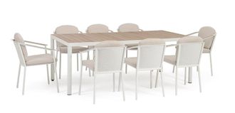 BIZZOTTO Conjunto de mesa + 8 sillas blanco en aluminio con lamas efecto madera