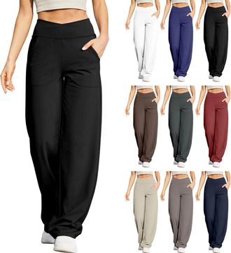 Generic Yoga Pants for Women UK Wide Leg Trousers Ladies Crossover High Waisted Work Gym Straight Leg Elastic Waist Office Dress Casual Sweatpants Yoga Leggin