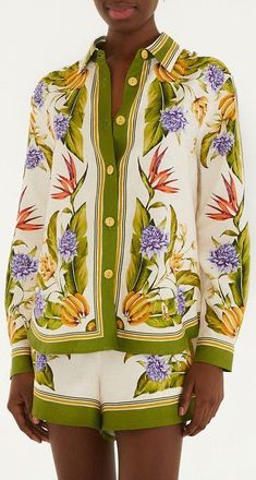 Farm Rio Tropical Scarf Print Button-Up Shirt in Sand at Nordstrom, Size Medium