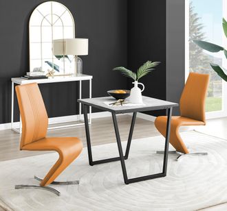 Furniturebox Carson White Marble Effect Square Dining Table & 2 Faux Leather Willow Chairs in Mustard