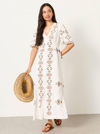 Fat Face FatFace Solene Ivory Petite Embroidered Midi Dress
