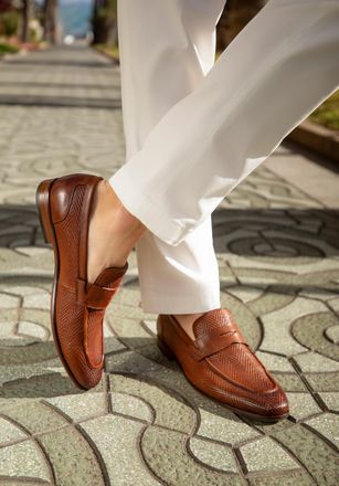 Wittchen Heren Leren Mocassins met Visgraatmotief, Lichtbruin, Natuurlijk Leer