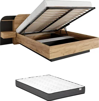 Vente-Unique Letto Con Contenitore Con Comodini 160 X 200 Cm Con Led Naturale E Nero + Materasso - Juvisia