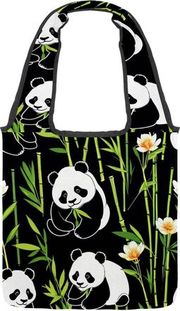 Generic Cute Cartoon Panda Reversible Canvas Shoulder Tote - Double-Sided Print, 12oz Cotton, 27cm Drop, Fold-Flat Bag for Travel, Shopping, Street Outings