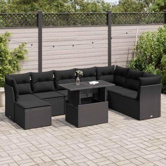 vidaXL vidaXL Set Divani da Giardino 9 pz con Cuscini Nero in Polyrattan