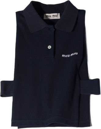 Miu Miu Navy Blue Logo Shirt Collar T-Shirt