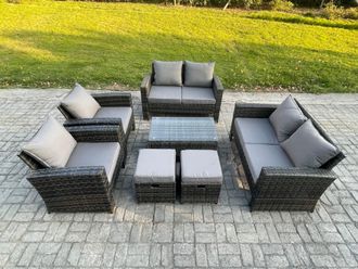 Fimous Garden Furniture Sets 7 Pieces Outdoor Rattan Furniture Manual Wicker Patio Sofa Chair Set with Coffee Table in Dark Grey