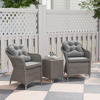 OUTSUNNY 3 PCS Aluminium Rattan Bistro Set with Soft Cushions & Glass Top in Light Grey