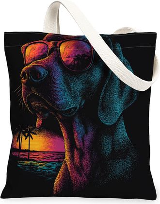 Generic Summer Bloodhound Dog Canvas Tote Bag for Shopping 13x15, Cool Beach Coastal Puppy Reusable Grocery Print Pattern Bag for Women, Retro Pet Beach Aesth
