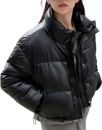 Generic Winter Coats for Women Uk - Cropped Puffer Jacket, Wet Look Shiny, Quilted Down Coat, Long Sleeve Button Down, Stand Collar, Ladies Warm Outwear, Ligh