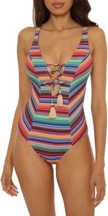 BECCA by Rebecca Virtue Vallarta Stripe Tassel Seersucker One-Piece Swimsuit in Pink Multi at Nordstrom, Size Medium