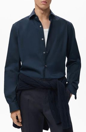 Mango Regular Fit Cotton Oxford Cloth Button-Up Shirt in Navy at Nordstrom, Size Medium