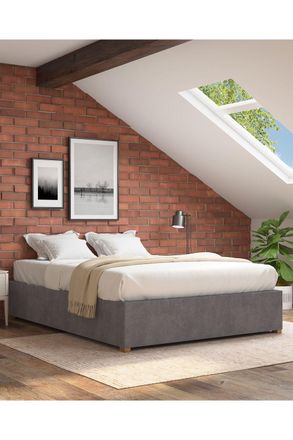 Aspire Home Accents Upholstered Platform Ottoman Bed Frame in Plush Velvet Fabric in Grey | Size: Double
