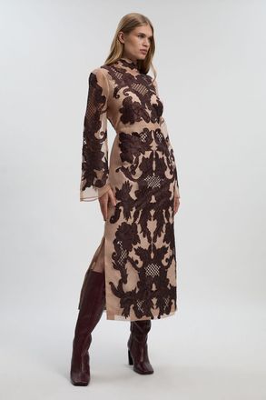 Karen Millen Womens Baroque Organdie Applique And Beaded Bell Sleeve Woven Midi Dress - Pink - Size 16 UK