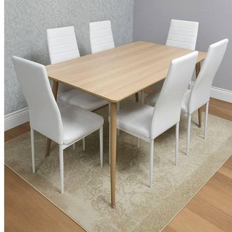 Kosy Koala Dining Table Set with 6 white Faux Leather Chairs Dining Furniture set in Beige | Size: 120 cm x 70 cm