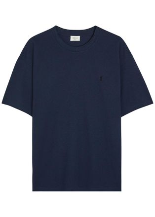 Saint Laurent Logo-embroidered Piqu&eacute; Cotton-blend T-shirt - Blue - XL
