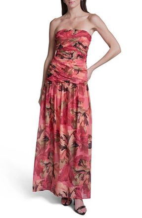BCBGeneration Strapless Floral Ruched Bodice Maxi Dress in Bellini Blush Multi at Nordstrom, Size 16