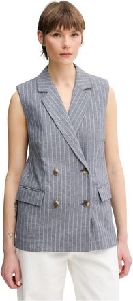 Benetton Lange Gestreepte Vest - Dames - Bodywarmers - Blauw - XL - Katoen - Jassen