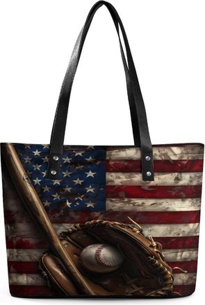 Generic USA Flag Baseball Bat And Ball Print Tote Bags for Women Cute Shoulder Purses Handbags