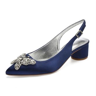 Generic Womens Chunky Heels Pointed Toe Wedding Shoes Satin Low Heels Elegant Bridal Slingback Party Evening Dress Shoes 4.5Cm,Dark Blue,3 UK