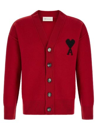 Ami Red Logo V Neck Cardigan