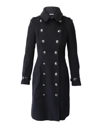 Burberry Pre-owned Womens Double-Breasted Trench Coat with Leather Detail in Black Wool - Size 6 UK