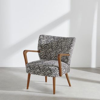 Maisons du monde Sill&oacute;n de tejido de poli&eacute;ster jacquard motivo cebra blanco y negro y madera de caucho