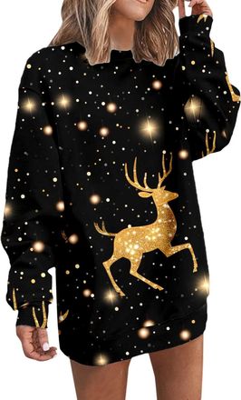 Generic Christmas Sweatshirt Dress for Women UK Long Oversized Crew Neck Long Sleeve Sweatshirt Wine Glass Print Jumper Dress for Women Casual Tops Pullover B