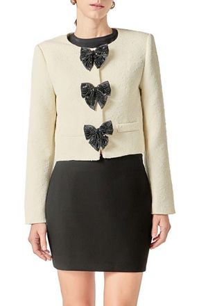 English Factory Sequin Bow Jacquard Crop Jacket in Cream at Nordstrom, Size X-Small