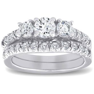 Pompeii3 1 1/2 ct 3-Stone Diamond Engagement Ring Matching Wedding Band Set White Gold Size Selectable