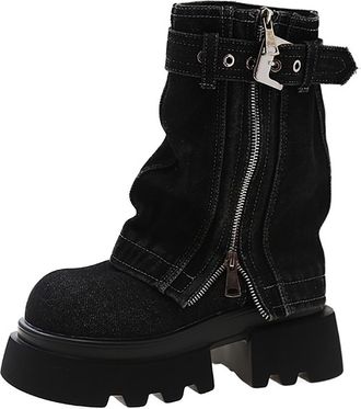 Generic Womens Fashion Cowboy Back Chunky Heel Mid Calf Boots Womens Mid Calf Boots Womens Tube Socks Mid Calf (Black, 5.5)