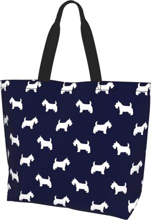 AOOEDM Scottie Dog Blue Pattern Ladies Canvas Tote Reusable Shopping Bag
