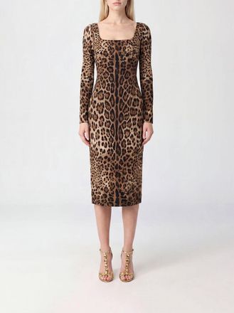 Dolce & Gabbana Abito midi a tubino in viscosa con stampa animalier e scollo quadrato