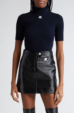 Courr&egrave;ges Embroidered Logo Mock Neck Rib Sweater in Navy at Nordstrom, Size Medium