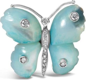 House of Brilliance 18K White Gold Blue Mother of Pearl and Diamond Accent Butterfly Pin Brooch (F-G Color, VS1-VS2 Clarity)