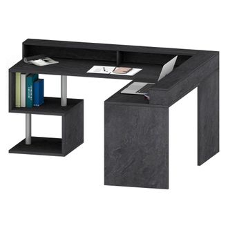 Dmora Escritorio Sansone, Escritorio De Esquina Con Estantes De Almacenamiento, Escritorio De Oficina Multiusos Con Tablero, 180x92,5h160 Cm, Pizarra, Con E