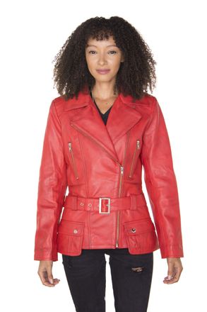 Infinity Leather Womens Long Biker Jacket-Quito - Red - Size 14 UK