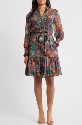 Vince Camuto Floral Long Sleeve Chiffon Fit & Flare Dress in Multi Orange at Nordstrom Rack, Size 4
