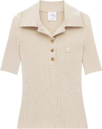 Courr&egrave;ges Geribbelde Polo - Dames - Polos - Beige - L - Polyester - Tops