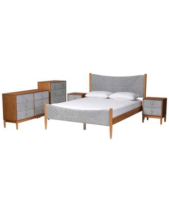 Baxton Studio Taylin Mid-Century Corduroy & Wood Queen 5pc Bedroom Set
