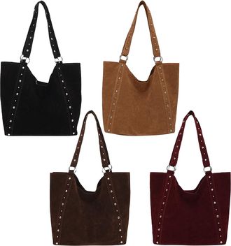 Generic Pufei Women Faux Suede Studded Solid Color Shoulder Bag for Outing Commuting (Black)