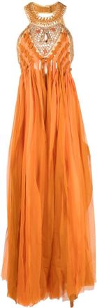 Alberta Ferretti stone-embellished fringed maxi dress - women - Acetate/Silk/Elastane - 42 - Orange