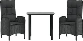 vidaXL Set Comedor De Jard&iacute;n 3 Pzas Con Cojines Rat&aacute;n Sint&eacute;tico Negro Vidaxl