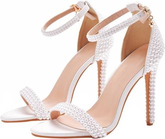 Vosarea Pearl Embellished Women High Heels White Pointed Open Toe Sandals 11cm Wedding Bridal Shoes